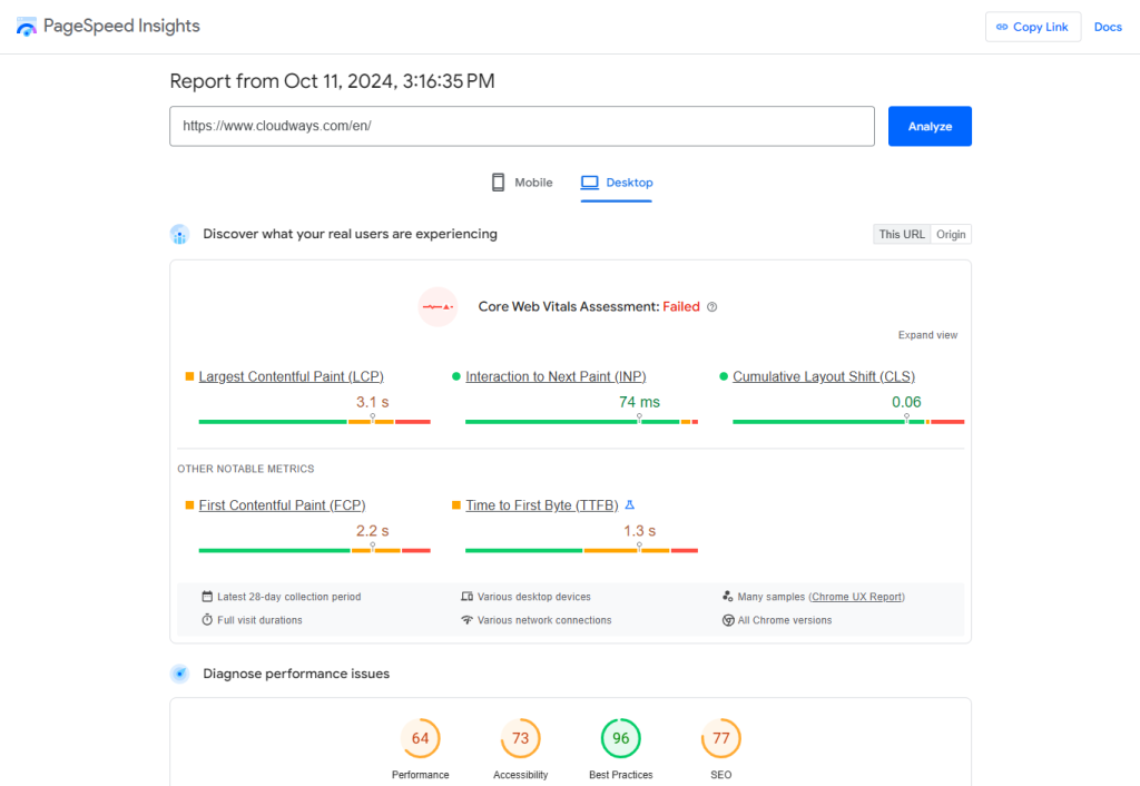 Cloudways Page insight - Digital Network Savvy