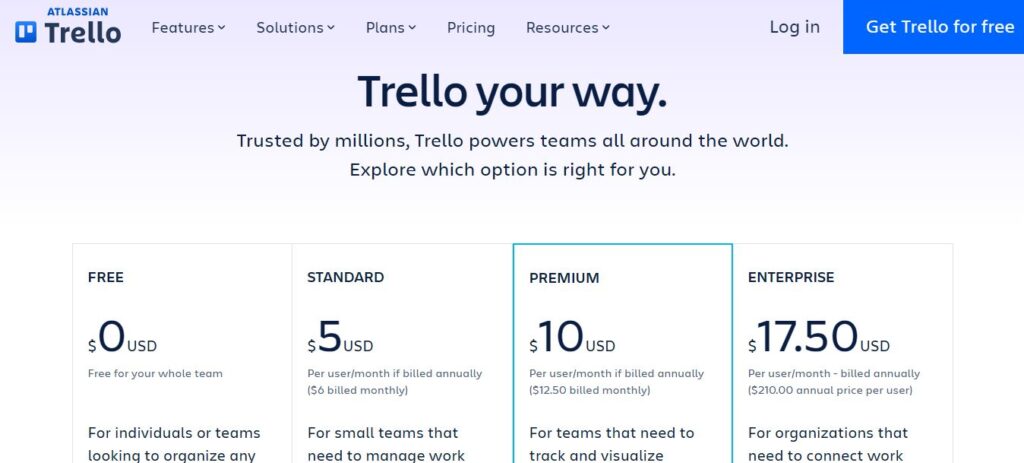 Trello Plans and Pricing - Digital Network Savvy