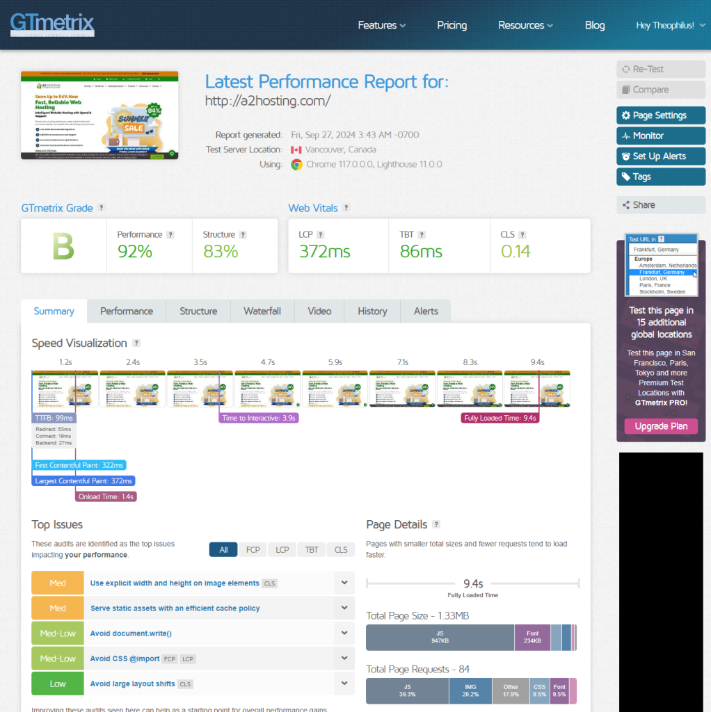 a2hosting page load speed GTMetix - Digital Network Savvy