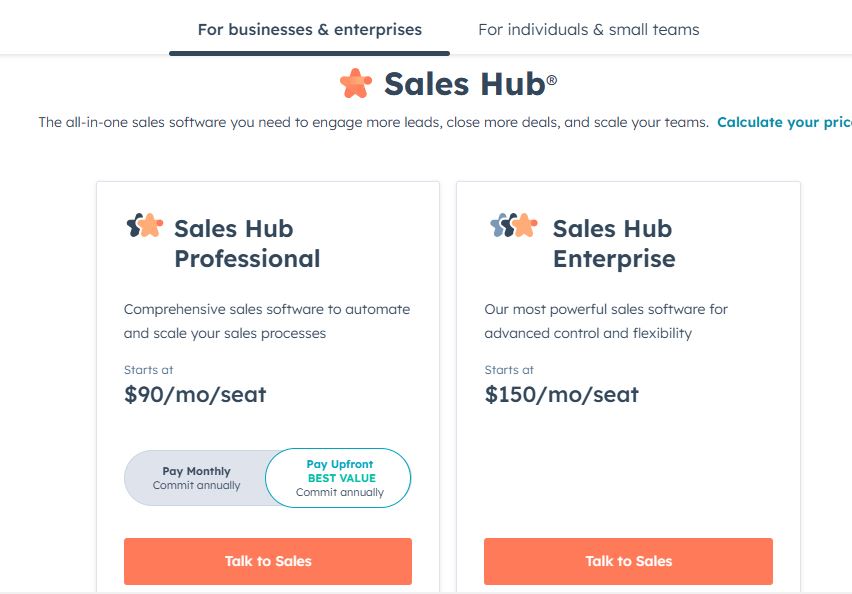 Hubspot Sales Hub Business and Enterprice Price Tier - Digital Network Savvy