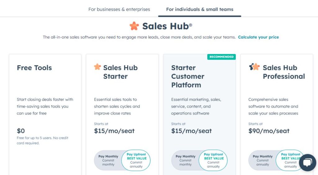 Hubspot Sales Hub Individuals and Small Teams Price Tier - Digital Network Savvy