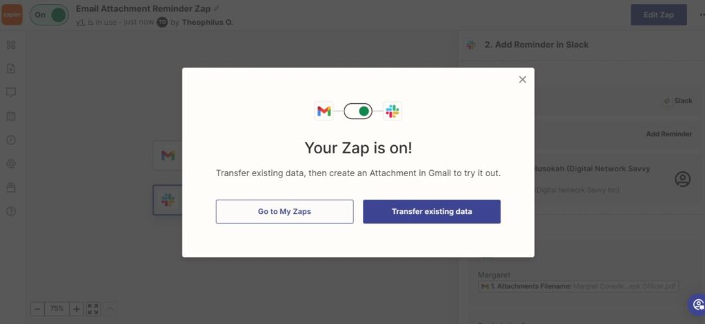 Zapier Published Zap Message for Gmail Trigger - Digital Network Savvy